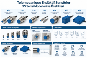 Telemecanique XS endüktif sensör modelleri, gövde tipleri, PNP NPN çıkışları ve montaj seçenekleri
